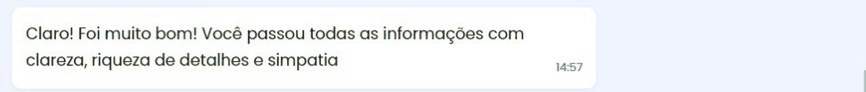 Print de conversa no WhatsApp: paciente elogia clareza, riqueza de detalhes e simpatia no atendimento